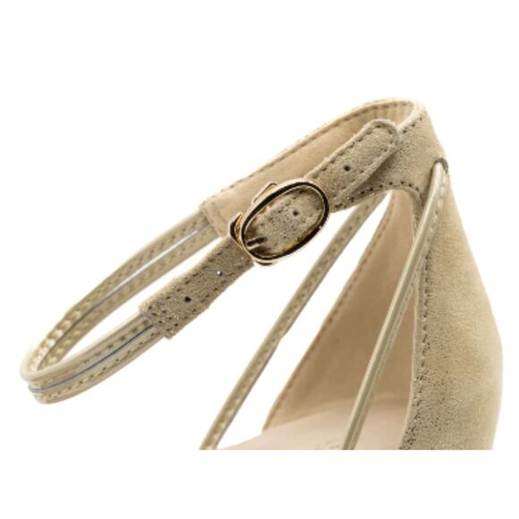 Steffie's Shoes I Size 10 I Suede Metallic Wedge Heel Strap Landmark I Tan Beige - Picture 4 of 16